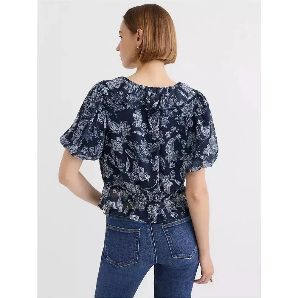 LOFT Blue White Floral Ruffle V Neck Peplum Hem Short Puff Sleeve Blouse NEW